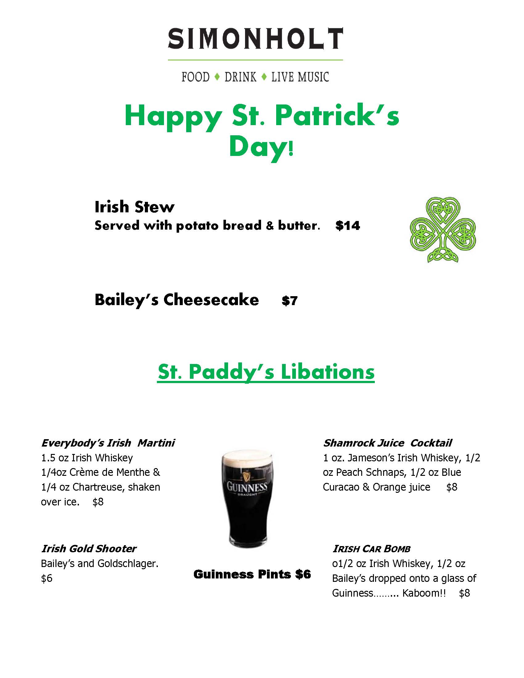 St. Patrick Day Menu | SIMONHOLT Restaurant | FOOD, DRINK, LIVE MUSIC